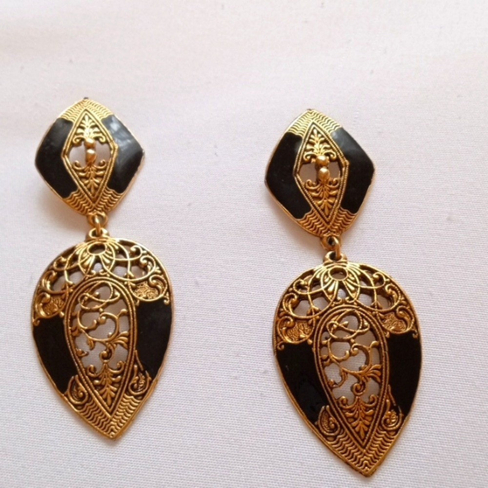 Vintage large 3 inch black on gold Earrings